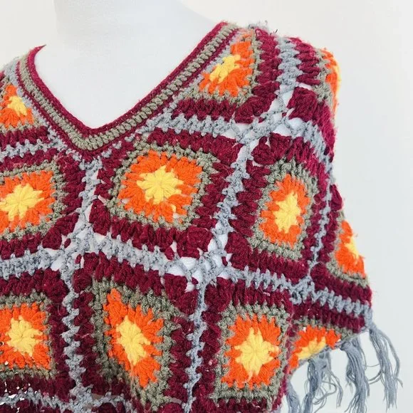Granny Square Blue, Red, Orange Crocheted Fringe Boho Hippie Fringed Shawl - Picture 5 of 6